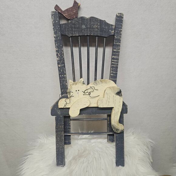 Cute Tender Heart Treasures Vintage 1998 Wood Cat in Chair Decor - Picture 1 of 7